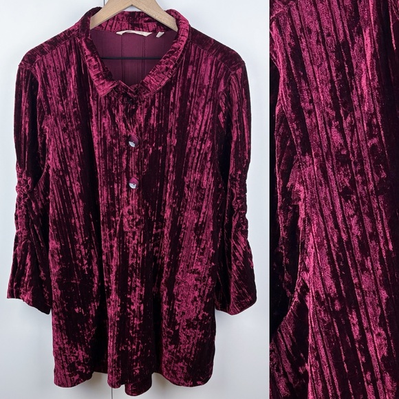 Soft Surroundings Tops - Soft Surroundings Velvet Ribbed Ruched Tie Long Sleeve Tunic Top Maroon Size XL